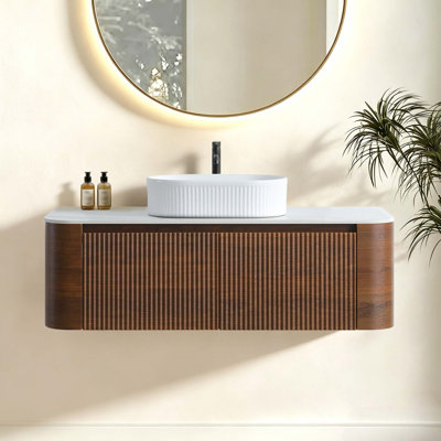 Curved Fluted Bathroom Vanity with Towel Rack and Storage