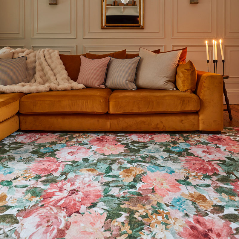 Clarke & Clarke Floral Digitally Printed 76cm X 150cm Area Rug, Pink/Brown/Blue, Rectangle 185 x 290 cm