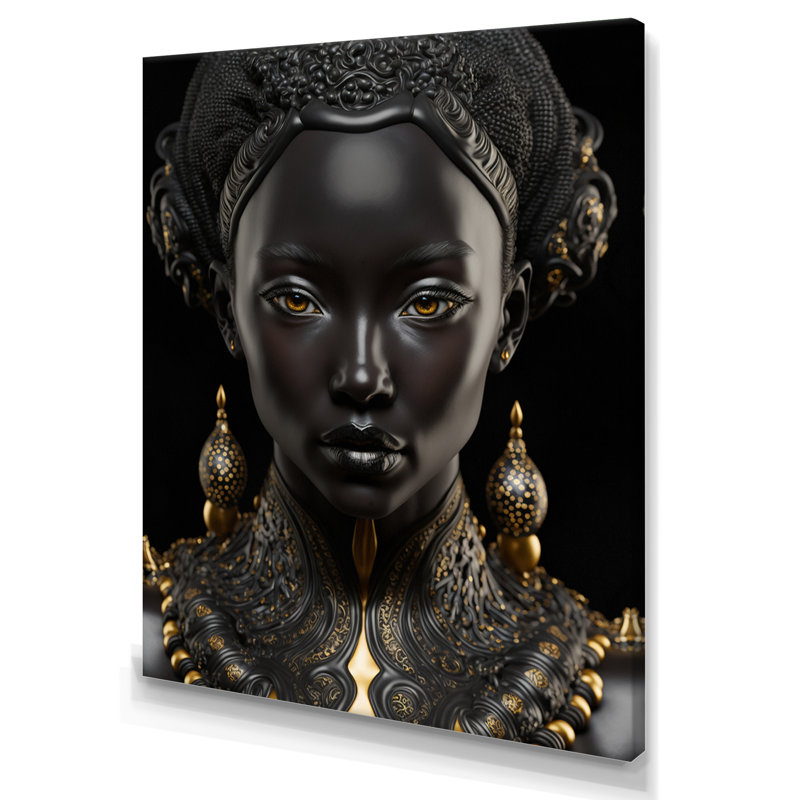 Gros plan, déesse africaine noire et dorée III sur toile, H 44 po x l 34 po x P 1,5 po, Toile tendue