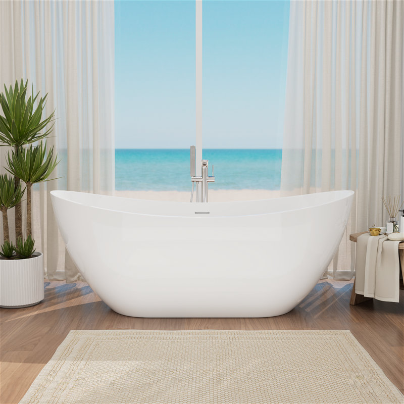 62" x 28" Freestanding Acrylic Oval Bathtub, Double Slipper Design with Chrome Drain & Overflow, Spa-Inspired Luxury for Modern Bathrooms