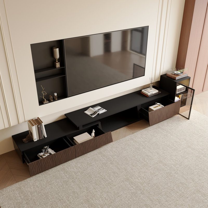 Mid-century Modern Extendable TV Stand for TVs up to 85" with Storage Drawers and Open Shelf