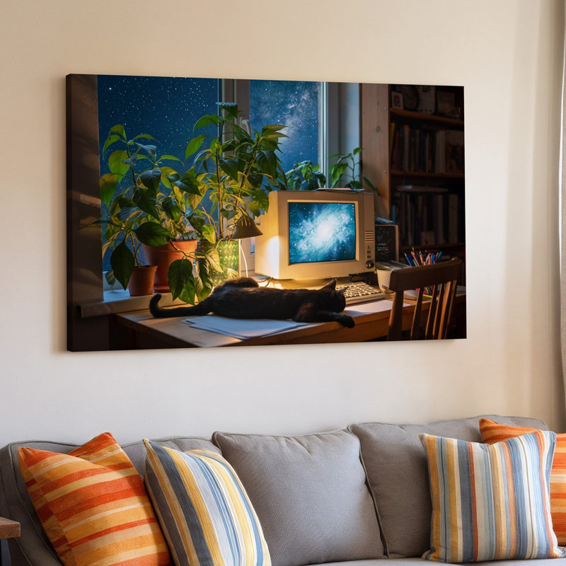Toile, une scène d'intérieur douillette représentant un bureau encombré baigné dans un art mural, H 9 po x l 12 po