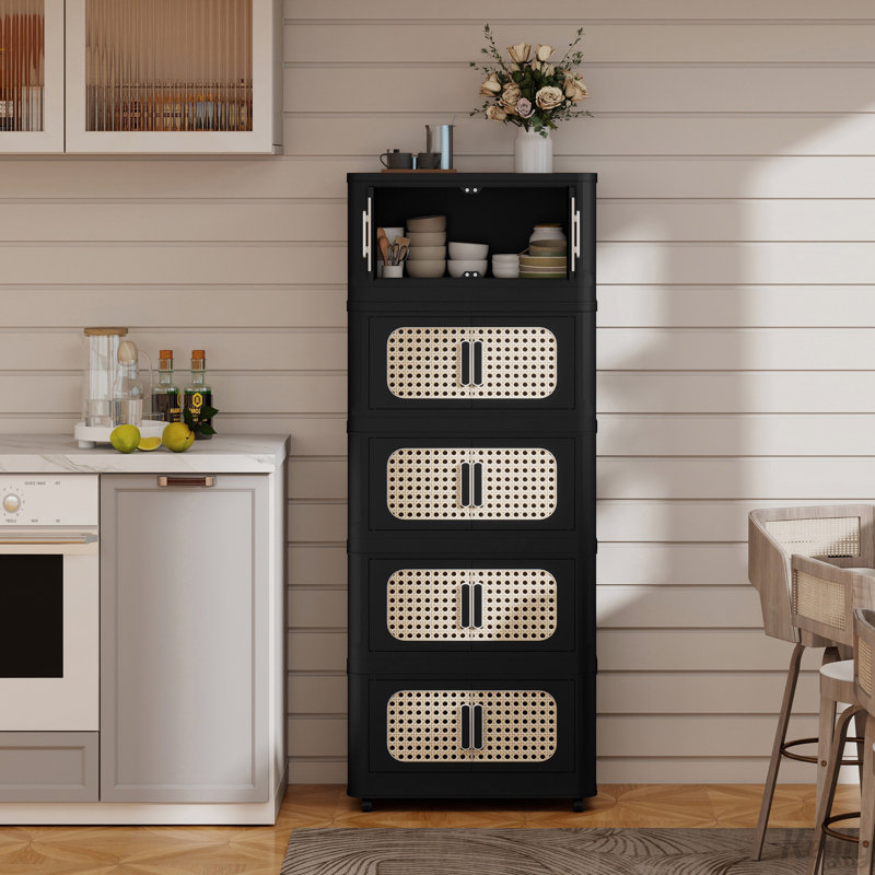 Armoire de rangement pliante en plastique 5 niveaux avec porte magnétique et roulettes, Noir / Noir