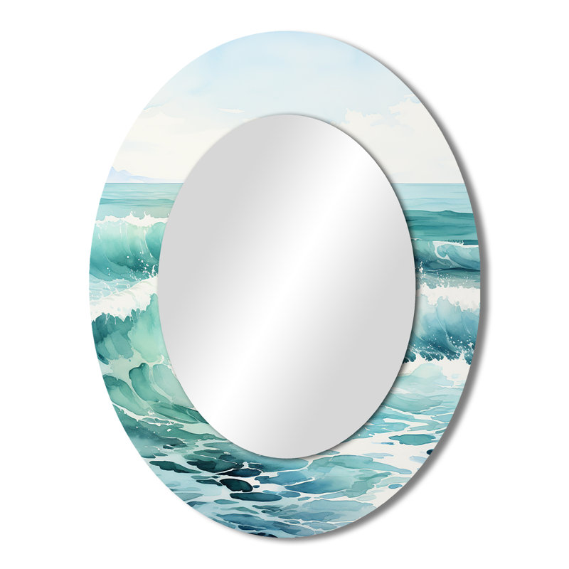 Green Minimalisme Tranquil Waters - Miroir décoratif ovale côtier sur métal, 43 po x 33 po