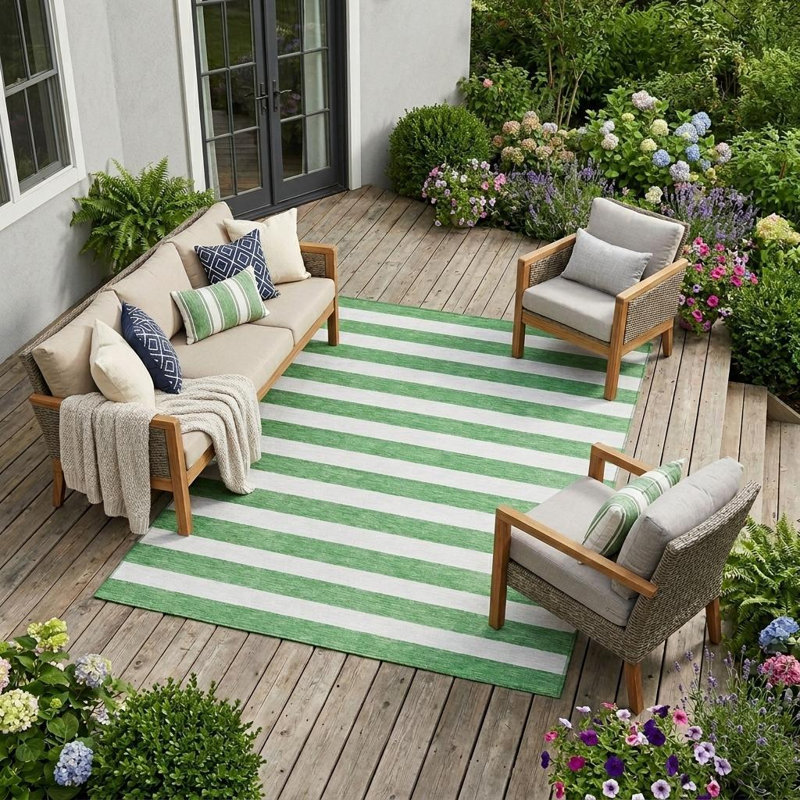 Tapis intérieur lavable rayé vert et blanc 8 pi x 10 pi
