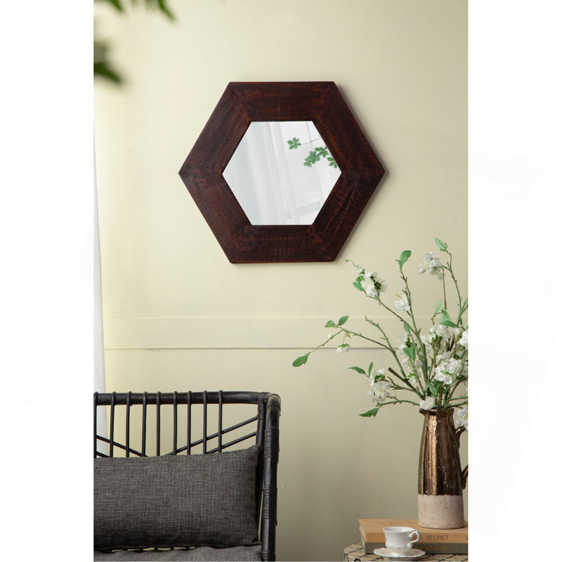 Miroir hexagonal polyvalent avec cadre en bois naturel pour des espaces élégants, Marron foncé