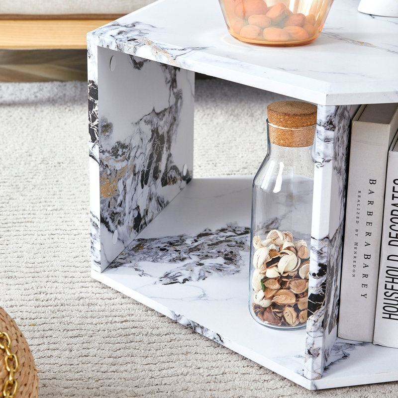 Hexagonal MDF Coffee Table, Characteristic Pattern Stickers, White, 14" H x 31.5" L x 27" W