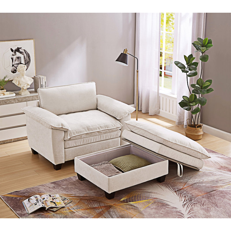 Chaise longue rembourrée avec repose-pieds et rangement, Beige
