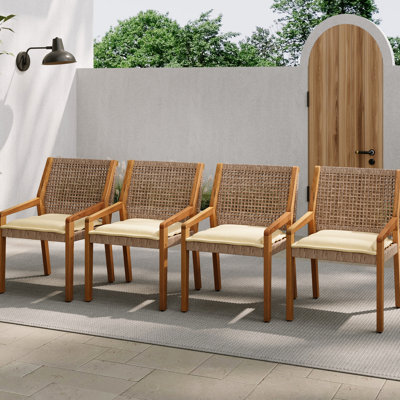Outdoor Dining Chairs Of 4 - Wood And , Finish, Cream Cushion, Weather , Compact For Small Spaces, Stylish Patios Piece Chair Wood, Brown Color, Comfortable Seating, Hassle Assembly Gardens