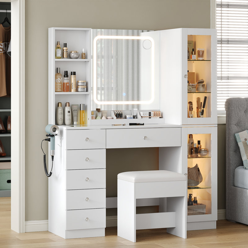 Dressing Table with LED Mirror, 6 Drawers, 2 Cabinets and 3 Open Shelves, Power Outlet, Glass Top, White