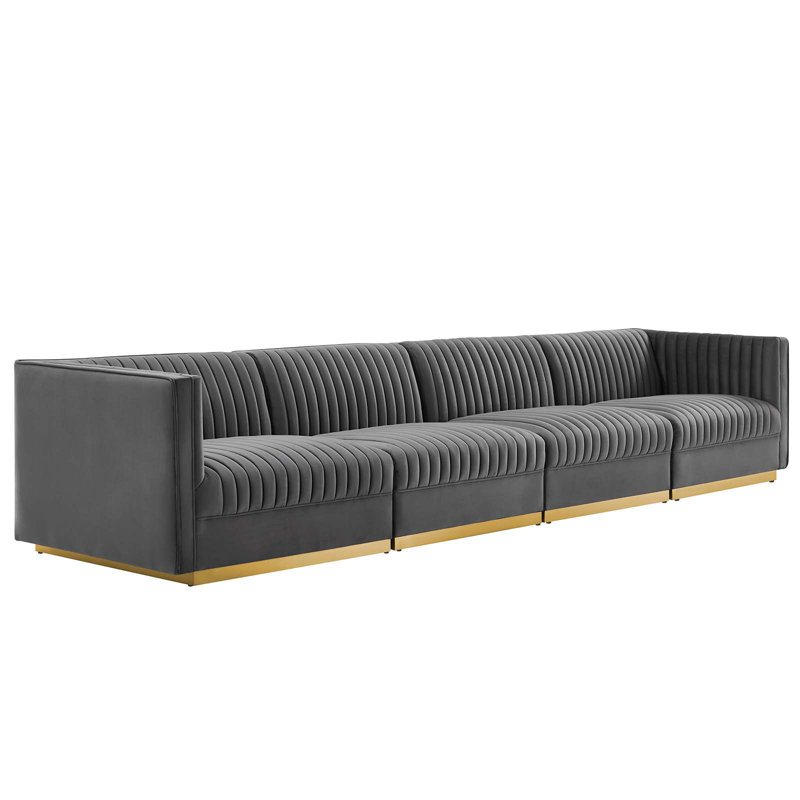 Modway Sanguine Channel Tufted Performance Velvet 3-Seat Modular Sectional Sofa, Gray 100% Linen