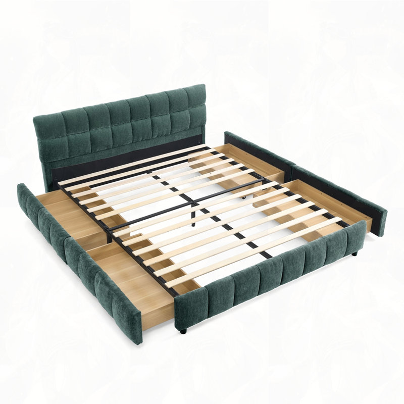 Queen Size Upholstered Bed, Blue/Green