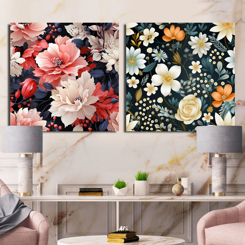 Hann - Ensemble de 2 collages carrés floraux, H 36 po x l 73 po, Toile tendue