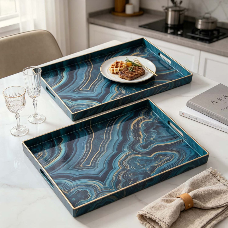 S/2 Blue Marbled Rectangular Trays with Cut-Out Handles for Elegant Serving and Organizing