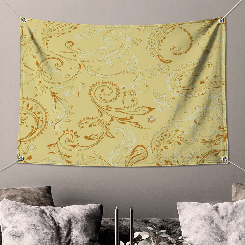 Tapisserie murale jaune à motif cachemire - Décoration murale cachemire, 50in H x60in W with 4 Grommets