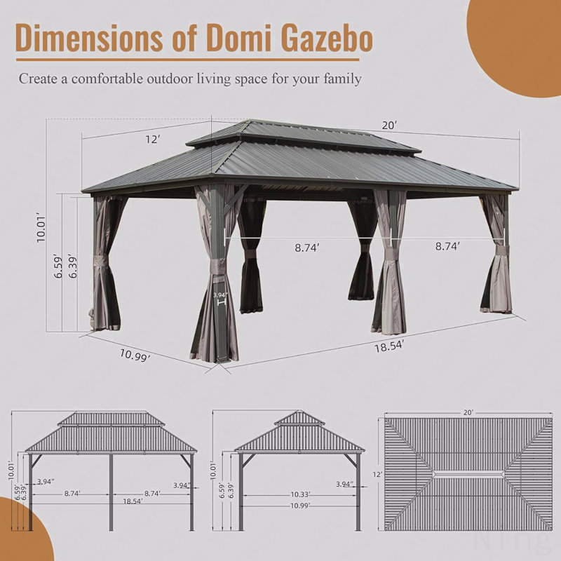 12X20FT Gazebo Aluminum, Mosquito Net For Outdoor Use With Galvanized Steel Double Roof, 120.12" H x 240" W x 144" D, Gray