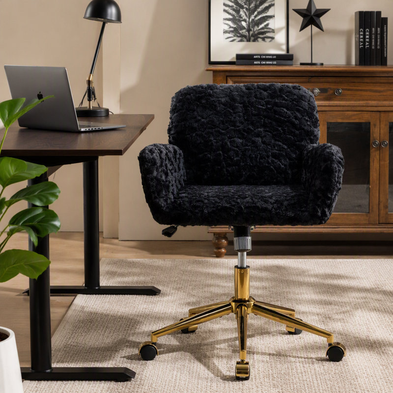 Office Chair,Artificial Rabbit Hair Home Office Chair Adjustable Desk Chair Swivel Office Chair,Vanity Chair, Black