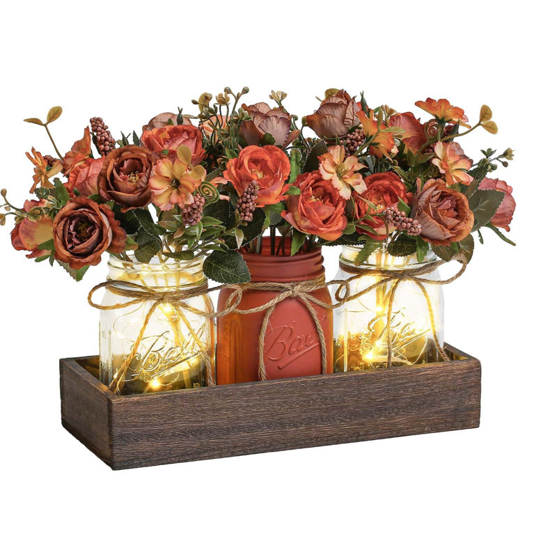 3 Pcs Mason Jar Centerpiece Table Decorations Fake Flowers Artificial Blue Flowers Rustic Spring Centerpieces Decor with Wood Tray and Light Table Decorations for Home Kitchen Living Room