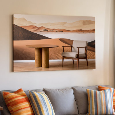 Toile Une scène intérieure sereine avec une table minimaliste en bois avec art mural, plateau circulaire lisse et deux pieds cylindriques robustes