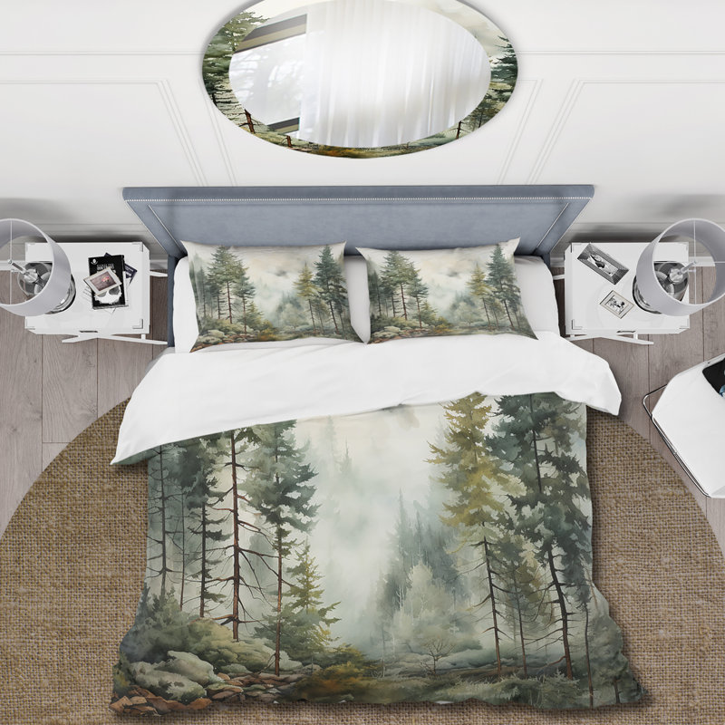 Ensemble de housse de couette Pine Tree Misty Morning II - Tree Pine, Housse de couette pour grand lit et 2 taies décor