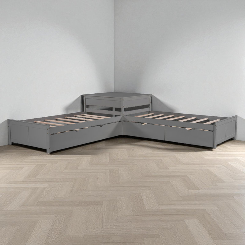 L-Shape Wood Double Twin Platform Beds With Trundle, Gray