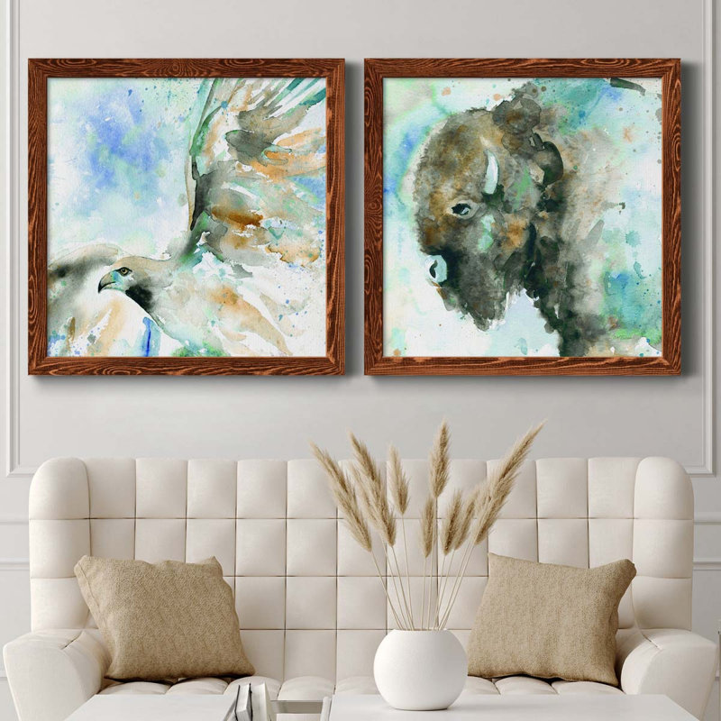 Hawk On Blue - Ensemble de 2 peintures sur toiles, Toile avec cadre érable, H 31,5 po x l 63 po x P 1,5 po