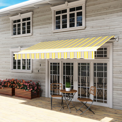 Auvent de terrasse rétractable 12 pi x 10 pi. Manivelle manuelle. 280G / M² et tissu d'eau. Cadre en aluminium. Abri soleil auvent jaune et gris. Manivelle, cadre pour terrasse, balcon, cour.
