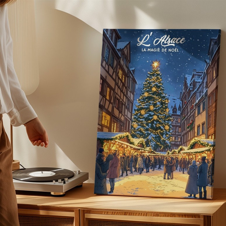 Toile, une charmante scène d'hiver représentant un marché de Noël animé dans un art mural, H 11 po x l 14 po
