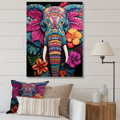 «Blue and Pink Jungle Elephant Jamboree», art mural éléphant