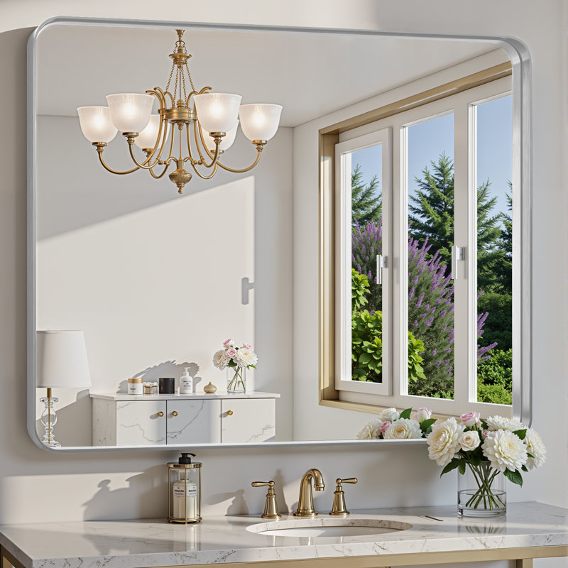 Lunara 1.18" Deep Rounded Corner Rectangular Bathroom Wall Mirror with Premium Tempered Glass & Aluminum Alloy Framed, Silver