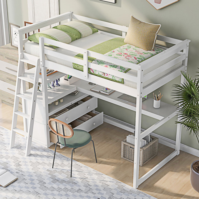 Lit mezzanine avec bureau et tablettes, Blanc