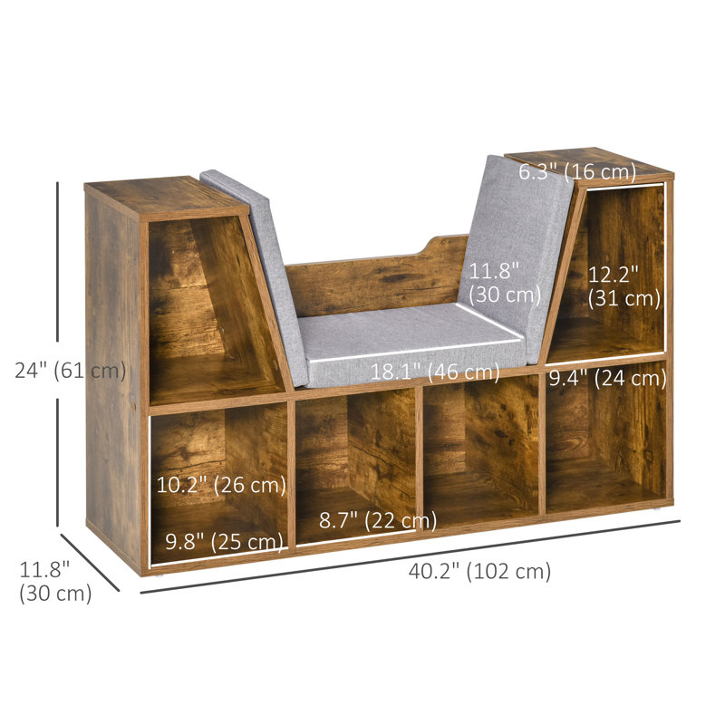 6-Cubby Bookcase Bookshelf with Cushion Reading Nook, Rustic Brown