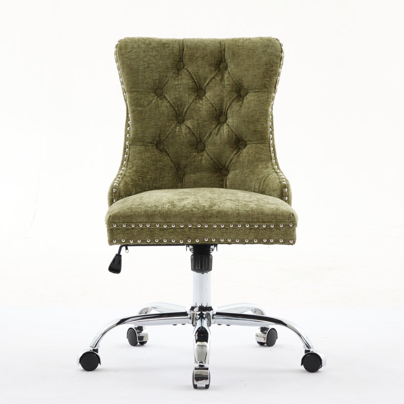 Modern Chenille Upholstered Button Office Chair, Adjustable, Swivel, Metal Base, Wide And Deep Seating, Hand - Pulled Buttons At Back, High Rebound Sponge In Cushion Adjustable Chair With Upholstery,