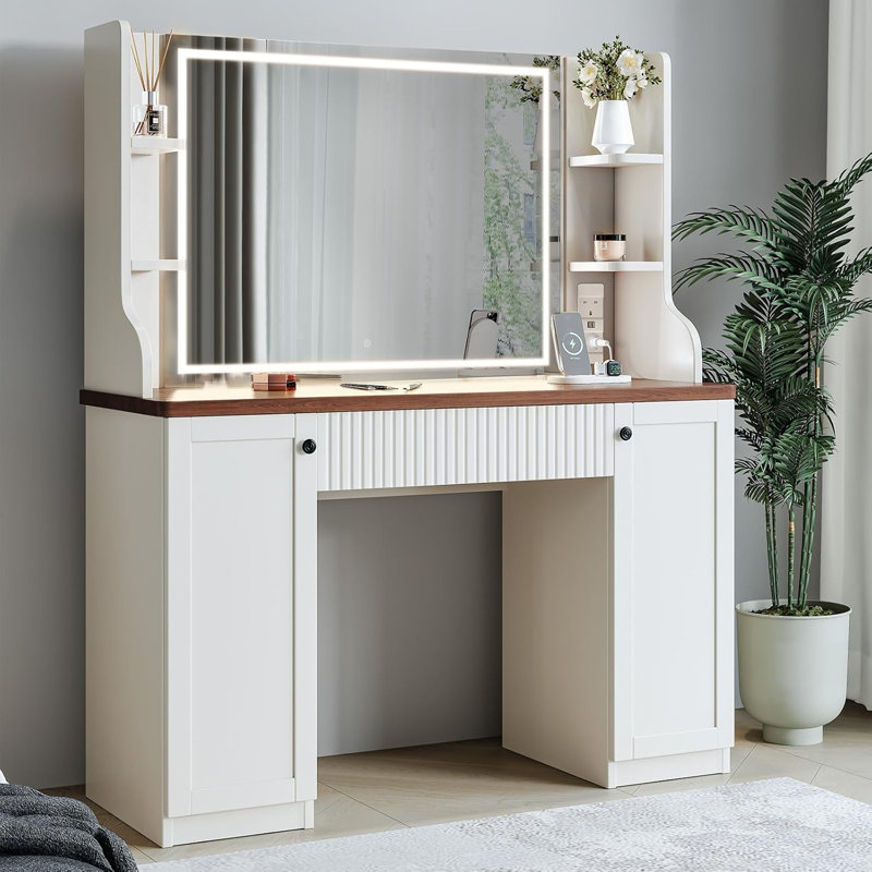 Coiffeuse avec miroir et tiroirs à luminosité réglable, Brun / beige