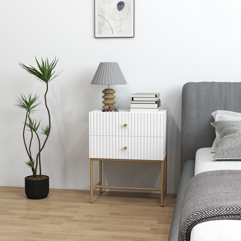 Albria 48cm W Manufactured Wood Bedside Table, White, Gold