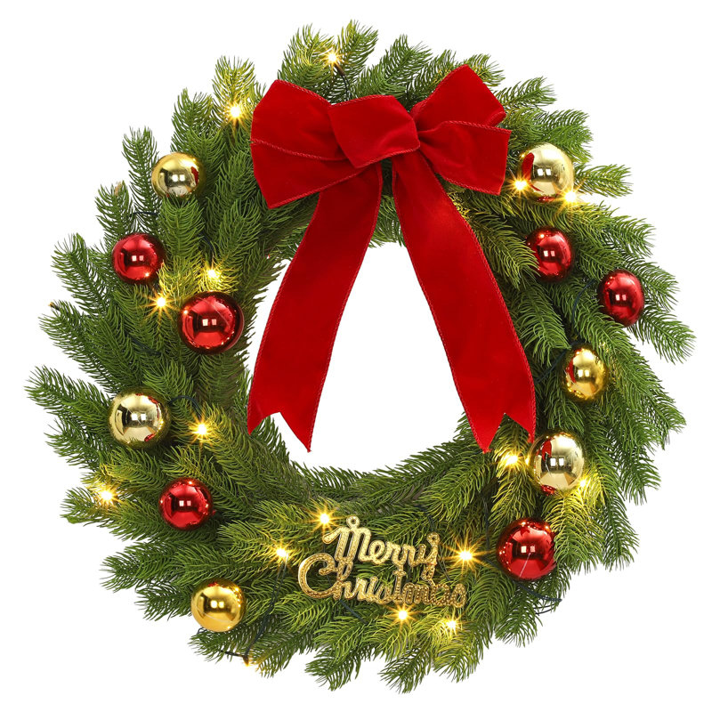 Couronne de Noël 18 "pré-éclairée avec 15 lumières rouges et vertes à motif de rubans écossais ornements