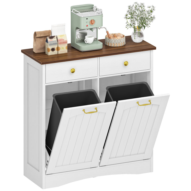 Armoire à double poubelle avec 2 tiroirs, rangement pour poubelle inclinable, armoire pour îlot de cuisine autoportant avec portes rabattables
