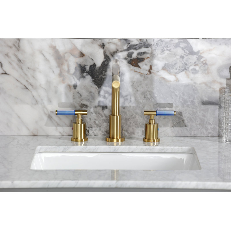 Kingston Brass Synchronous Two-Handle 3-Hole Deck Mount Widespread Bathroom Faucet with Brass Pop-Up Drain, Brushed Brass