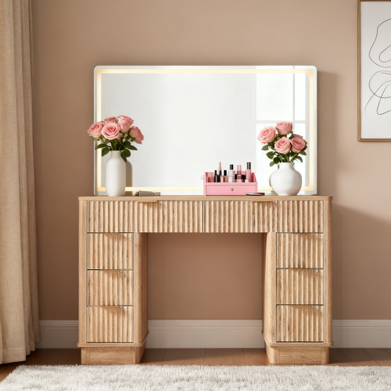 48-Inch Vanity with LED Lighted Mirror and 8 Drawers, Natural Oak