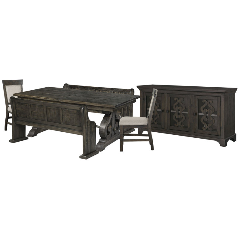 Extendable Rectangular Dining Table With 2 Benches 2 Upholstered Side Chairs And Server