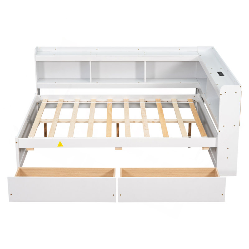 Lit en forme de L avec bibliothèques avec prises de courant, ports de chargement USB, deux tiroirs, Lit double, Blanc