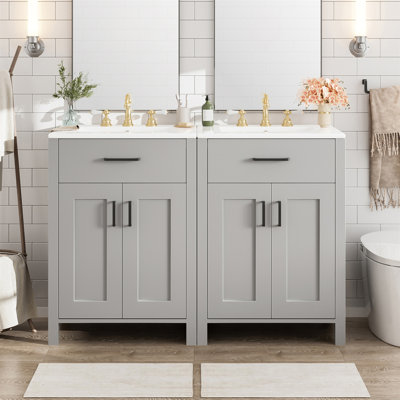 Meuble-lavabo moderne de 48 pouces avec lavabo en céramique, portes à fermeture en douceur, tiroir rabattable, tablettes de porte à double couche, solution de rangement élégante