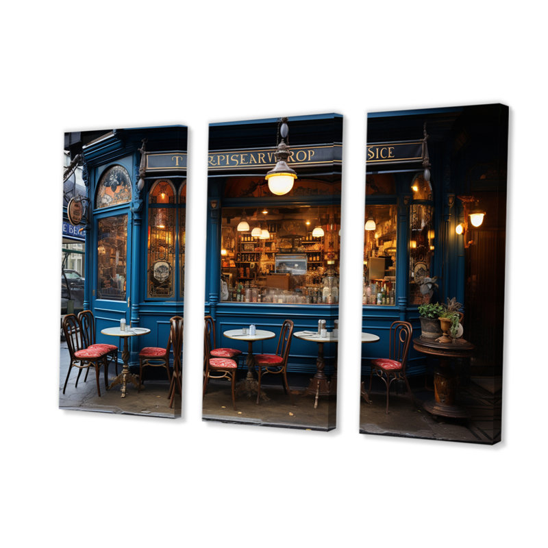 «France Parisian Cafe Blues on Canvas», reproduction de 3 pièces, H 28 po x l 36 po x P 1 po