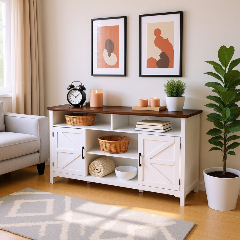 Farmhouse Accent Cabinet with Barn Doors, 58" Wide Storage Cabinet with Adjustable Shelves