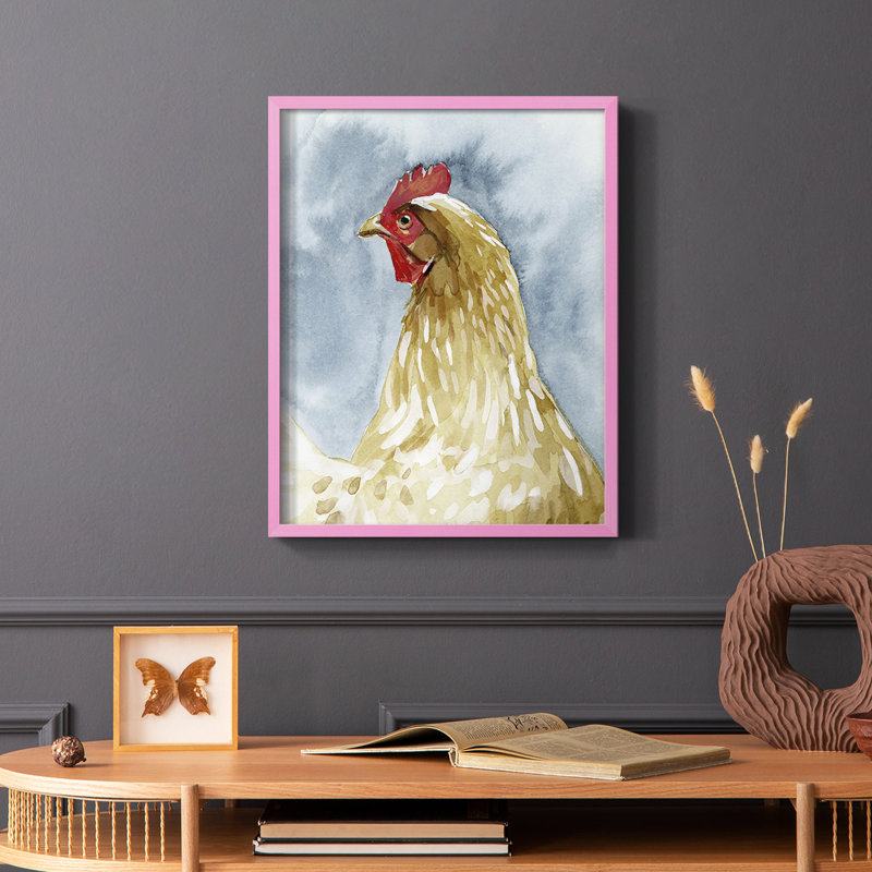Portrait de poulet I, reproduction encadrée - bois massif, Rose, H 10 po x l 8 po
