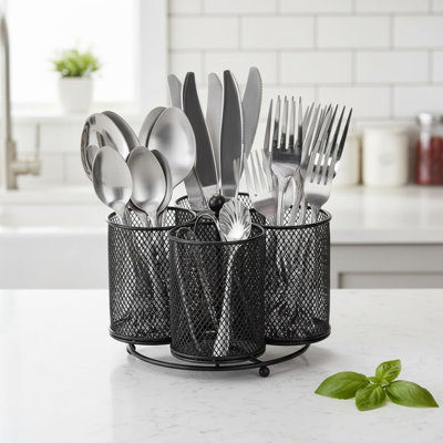 Rotating Kitchen Utensil Holder, 4-Section Metal Silverware Caddy, Countertop Cutlery Organizer For Spoons, Knives And Forks