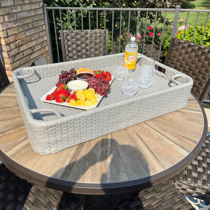 Sunjoy Wicker Floating Tray 36x24 inch Aluminum Frame Pool Tray Swimming Floating Serving Tray for Drinks, Snacks, and Essentials