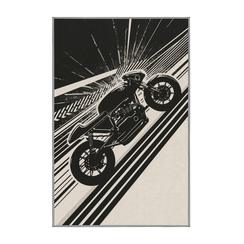 Machine Washable Vehicles And Transportation Cafe Racer Motorcycle Retro Geometric Rug in Brown – Gray Binding, 2x5