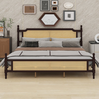 Wooden Bed With Rattan Headboard And Footboard