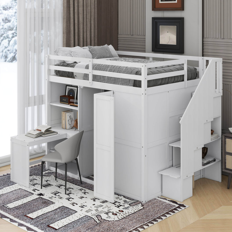 Lit mezzanine double avec garde-robe, bureau et tablettes, Blanc